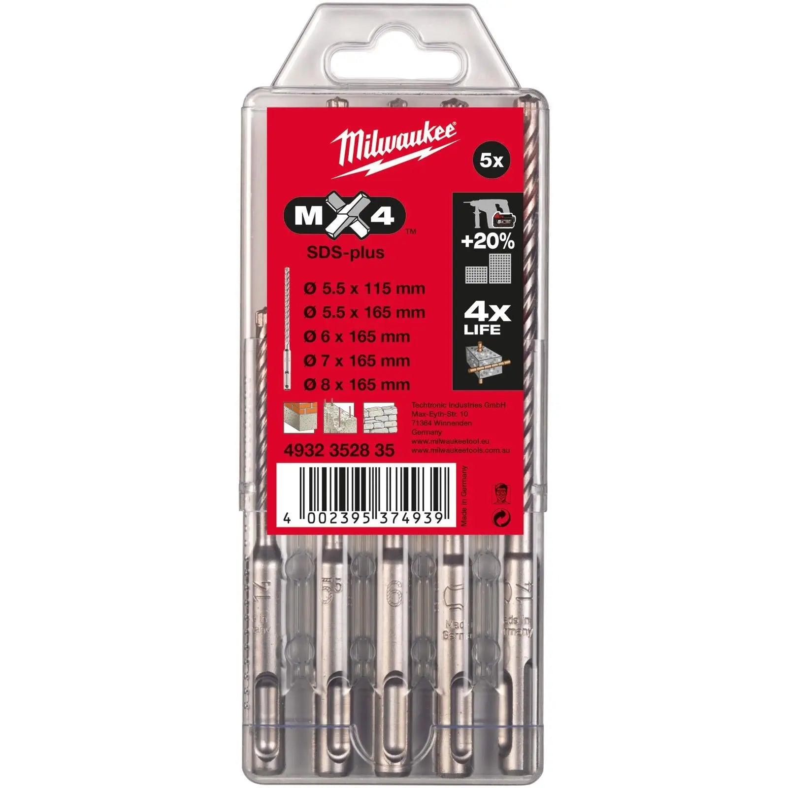 Milwaukee SDS Plus MX4 Hammer Drill Bit Set 4 Cut 5 Piece White Rose Tools