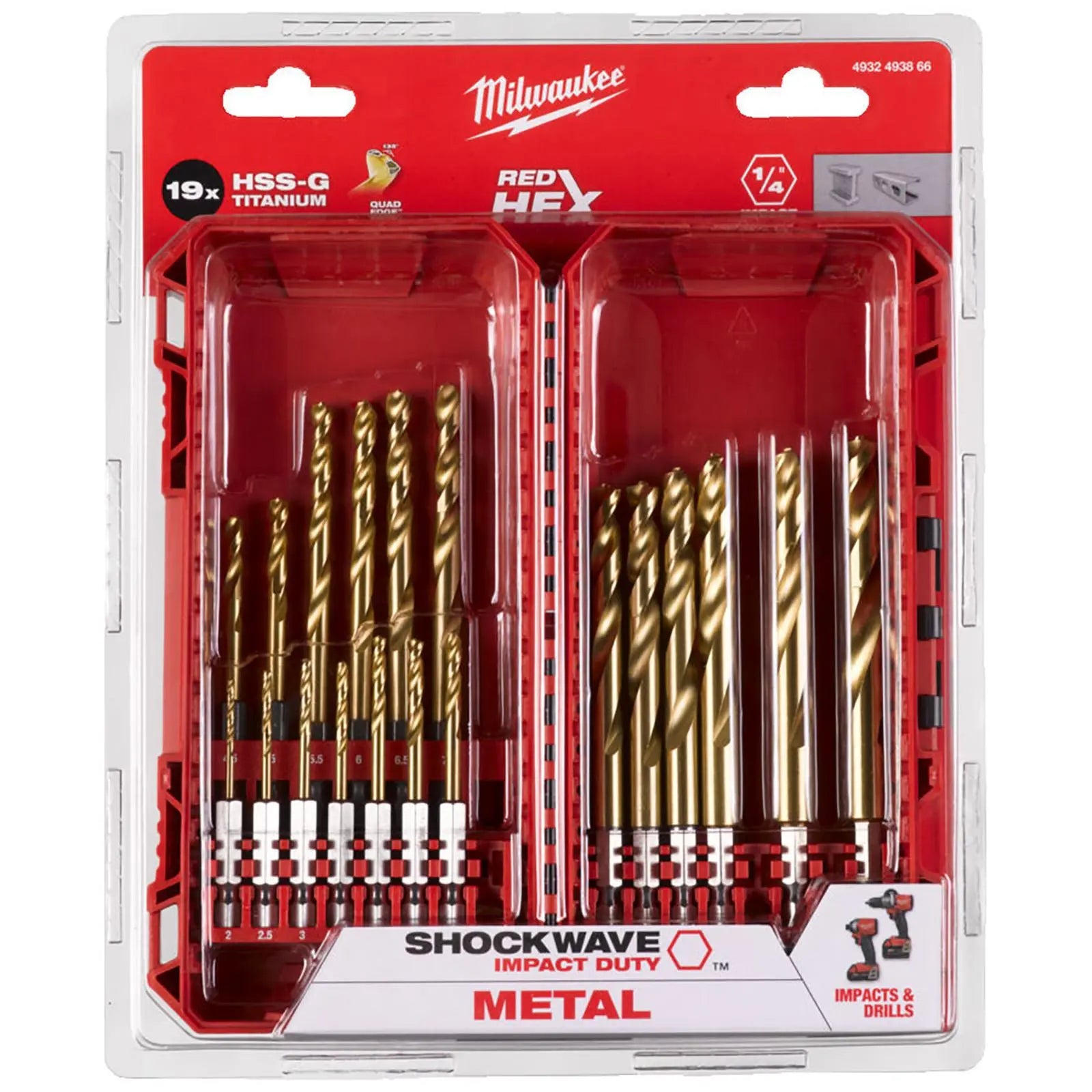 Milwaukee SHOCKWAVE Impact Duty HSS-G RED HEX Metal Drill Bit Set 19pc 2-10mm White Rose Tools