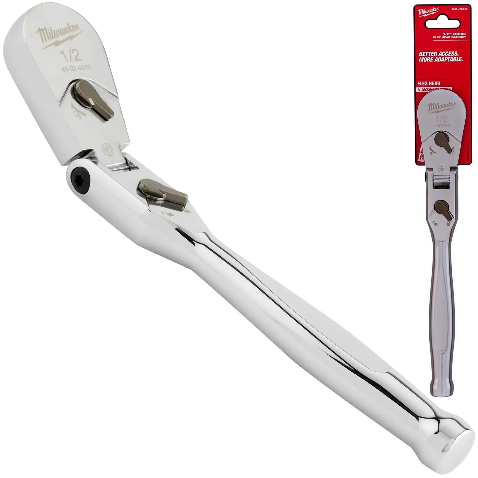 Milwaukee Socket Ratchet Wrench Flexible Head 1/2" Drive 90 Tooth Slim Profile Head White Rose Tools