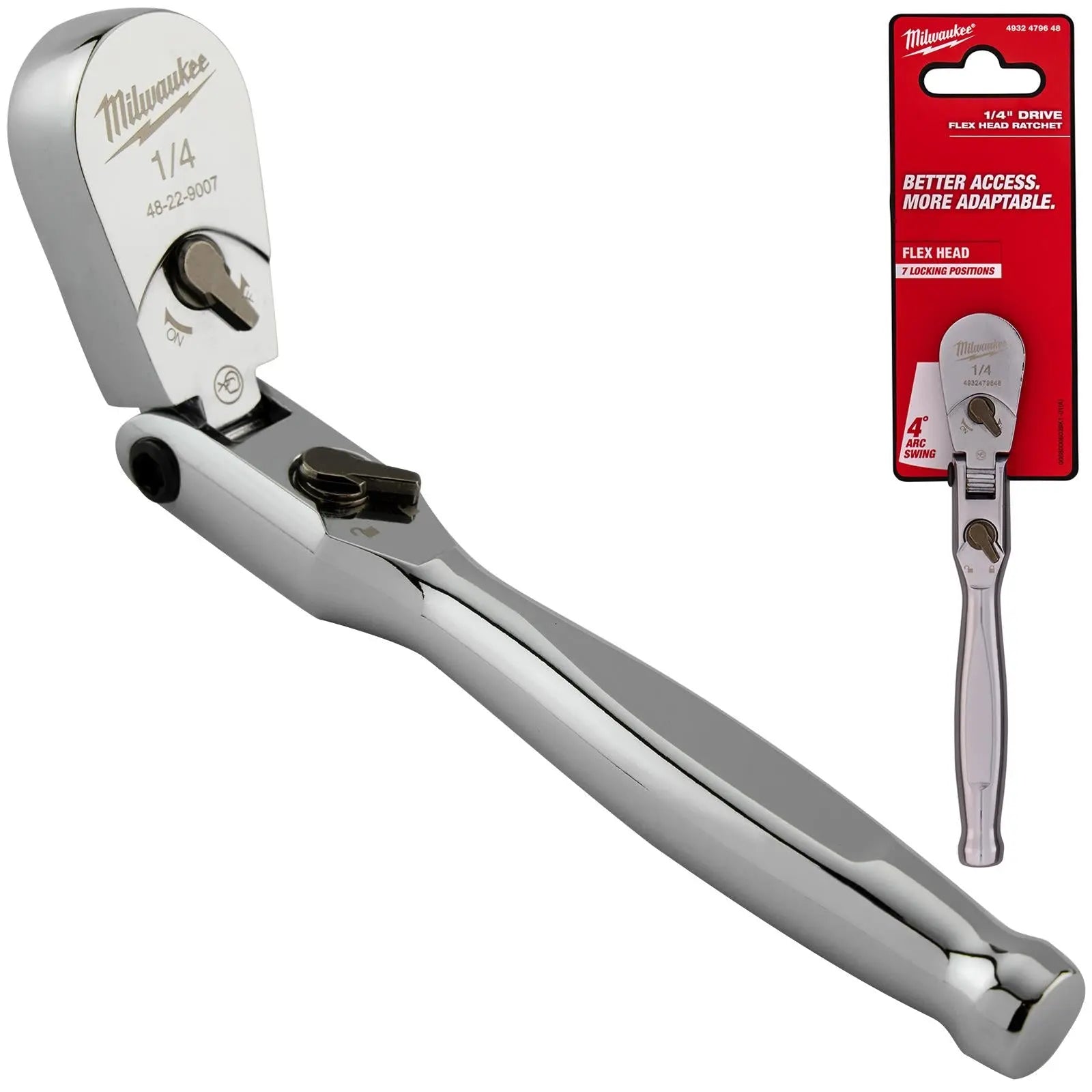 Milwaukee Socket Ratchet Wrench Flexible Head 1/4" Drive 90 Tooth Slim Profile Head White Rose Tools