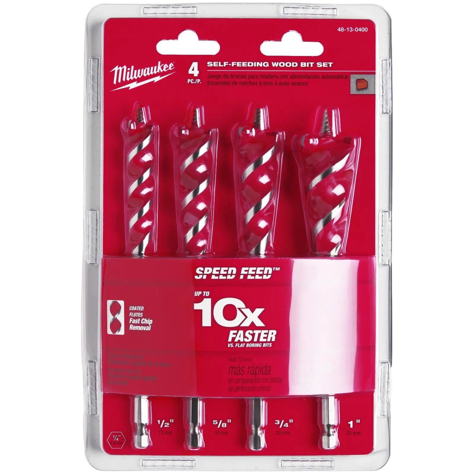 Milwaukee Speed Feed Wood Drill Bit Set 1/4" Hex Shank 13-25mm 4 Pieces White Rose Tools