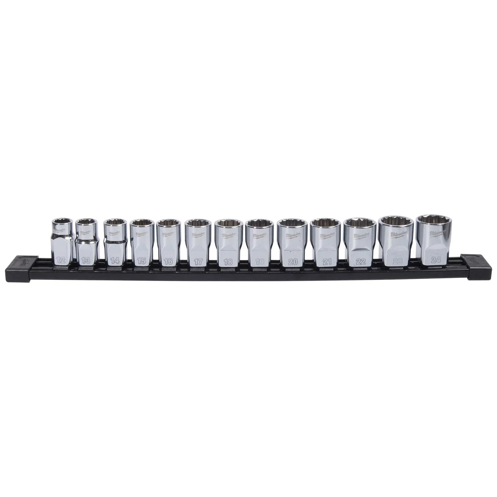 Milwaukee Standard Socket Set 12 Point 1/2" Drive 13 Piece on Socket Rail 12-24mm White Rose Tools