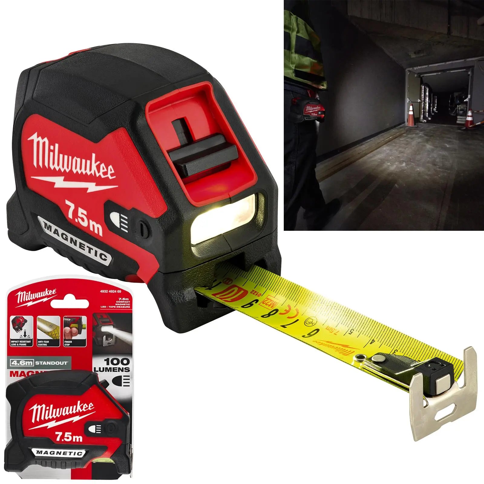 Milwaukee Tape Measure Magnetic 7.5m with LED Light 30mm Wide Blade 100 Lumens White Rose Tools