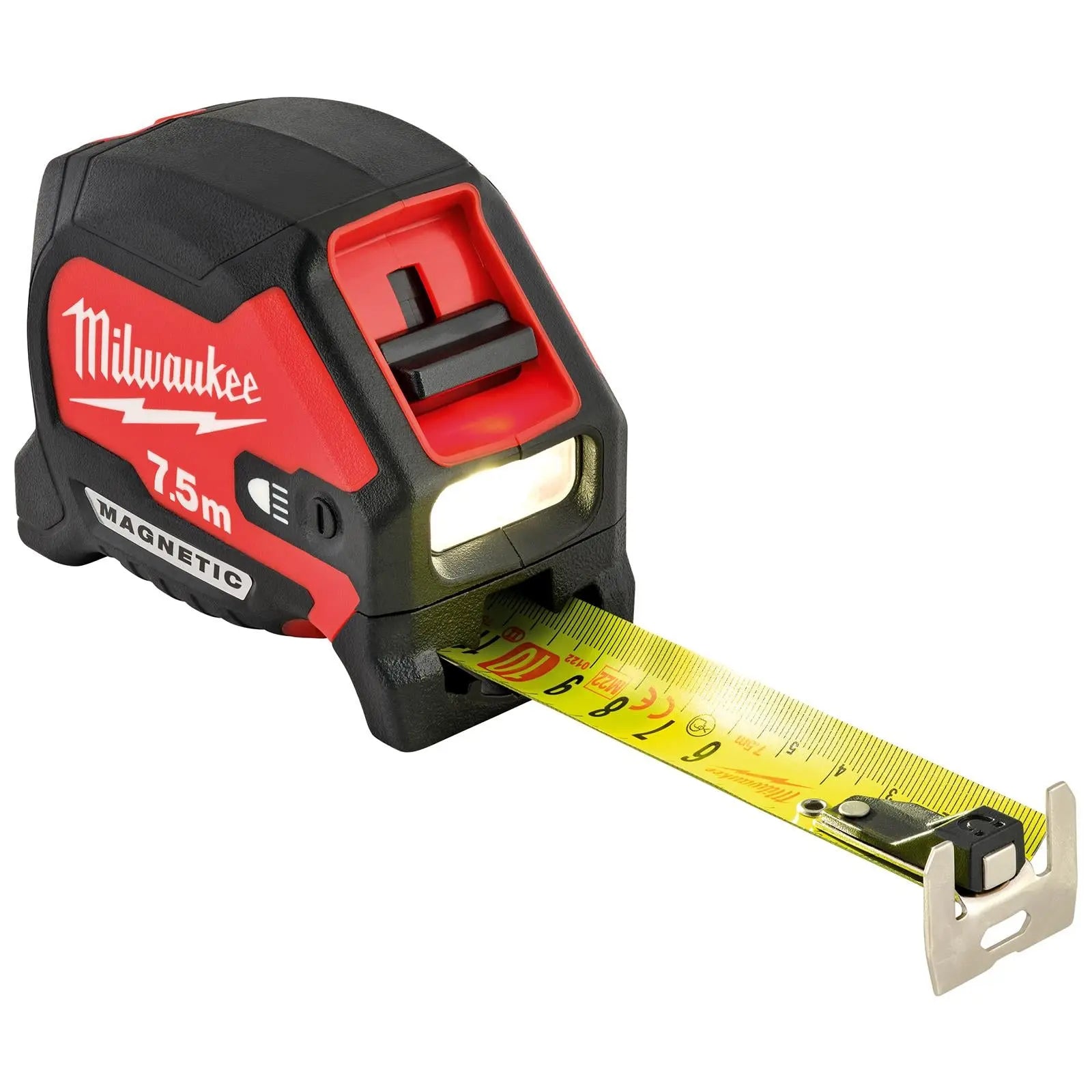 Milwaukee Tape Measure Magnetic 7.5m with LED Light 30mm Wide Blade 100 Lumens White Rose Tools