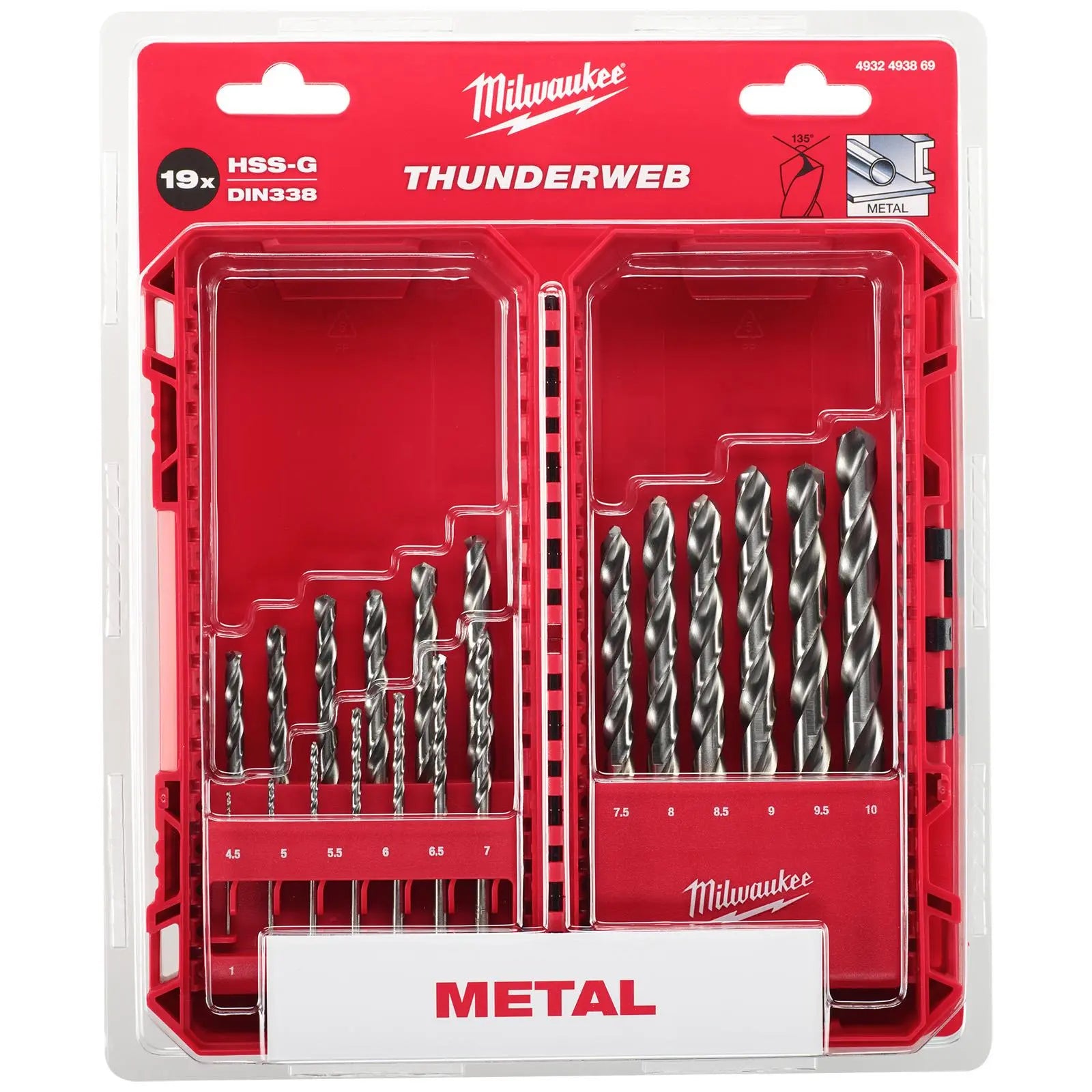 Milwaukee Thunderweb Metal Drill Bit Set HSS-G 19pc 1-10mm PACKOUT Compatible White Rose Tools