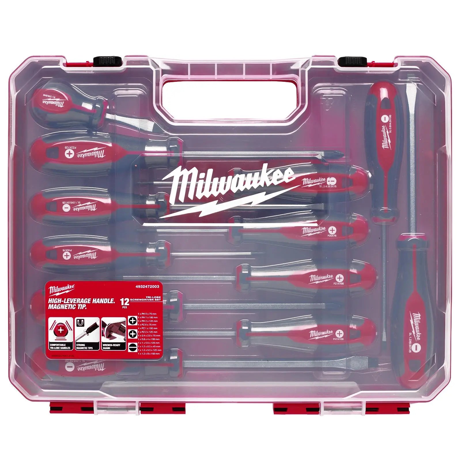 Milwaukee Tri-Lobe Screwdriver Set 12 Piece in Case Pozi Phillips Slotted