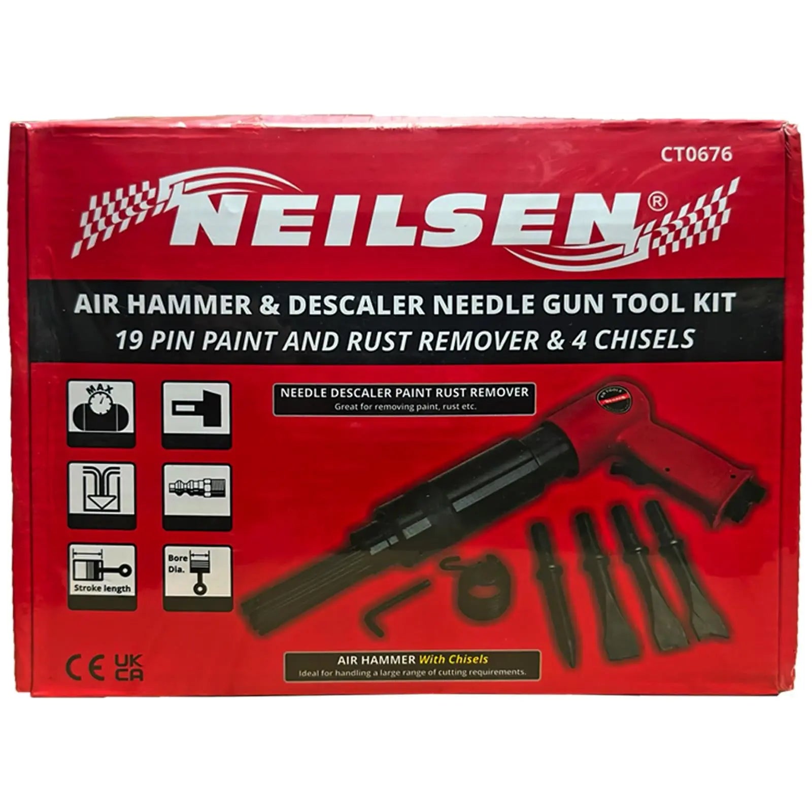 Neilsen Air Hammer Descaler Needle Gun Tool Kit Chisel Heavy Duty Garage 1/4 White Rose Tools