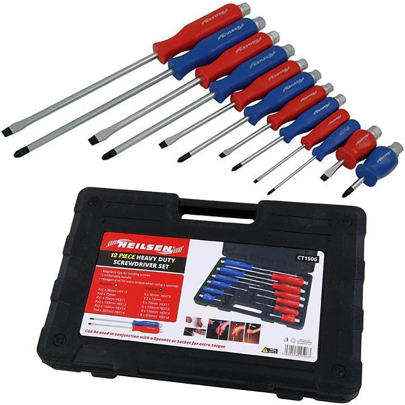 Neilsen Demolition Screwdriver Set Heavy Duty Hammer Slotted Pozi Magnetic Tip 12pc White Rose Tools