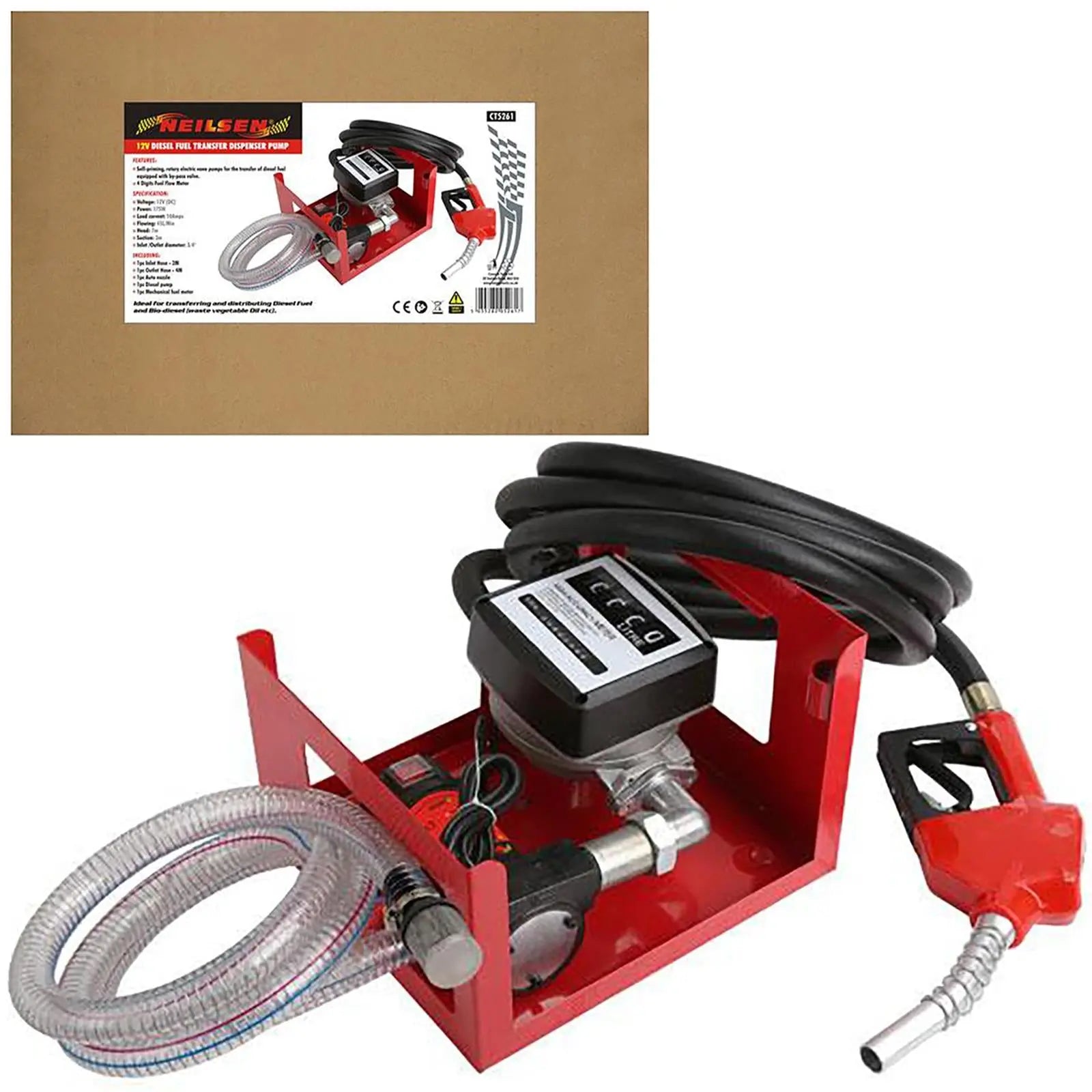 Neilsen Diesel Transfer Pump Dispenser Hose Nozzle Flow Metre Fuel Bio-Diesel White Rose Tools