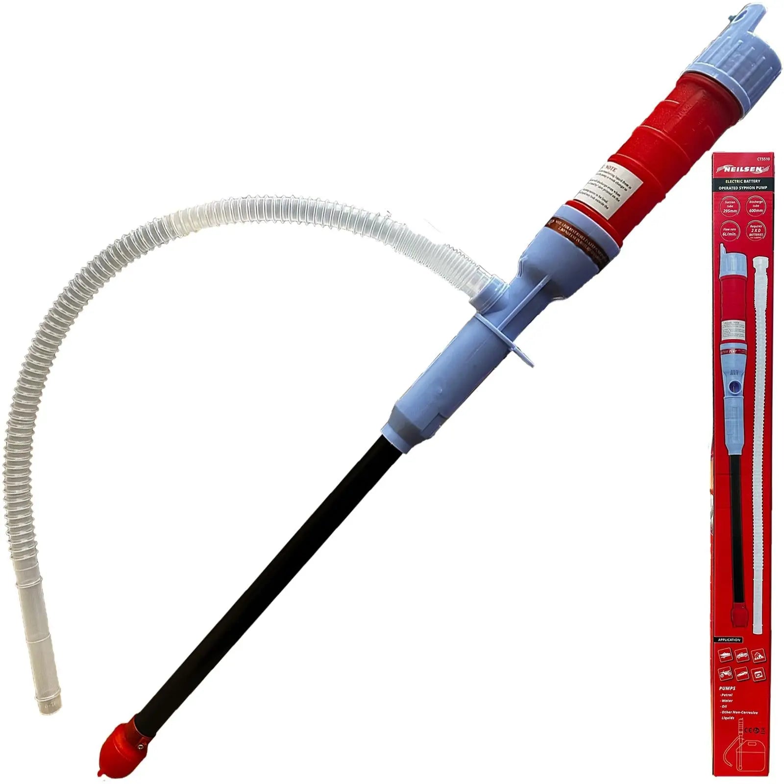 Neilsen Electric Syphon Pump Battery Operated Petrol Oil Water Fluid Fuel Transfer White Rose Tools
