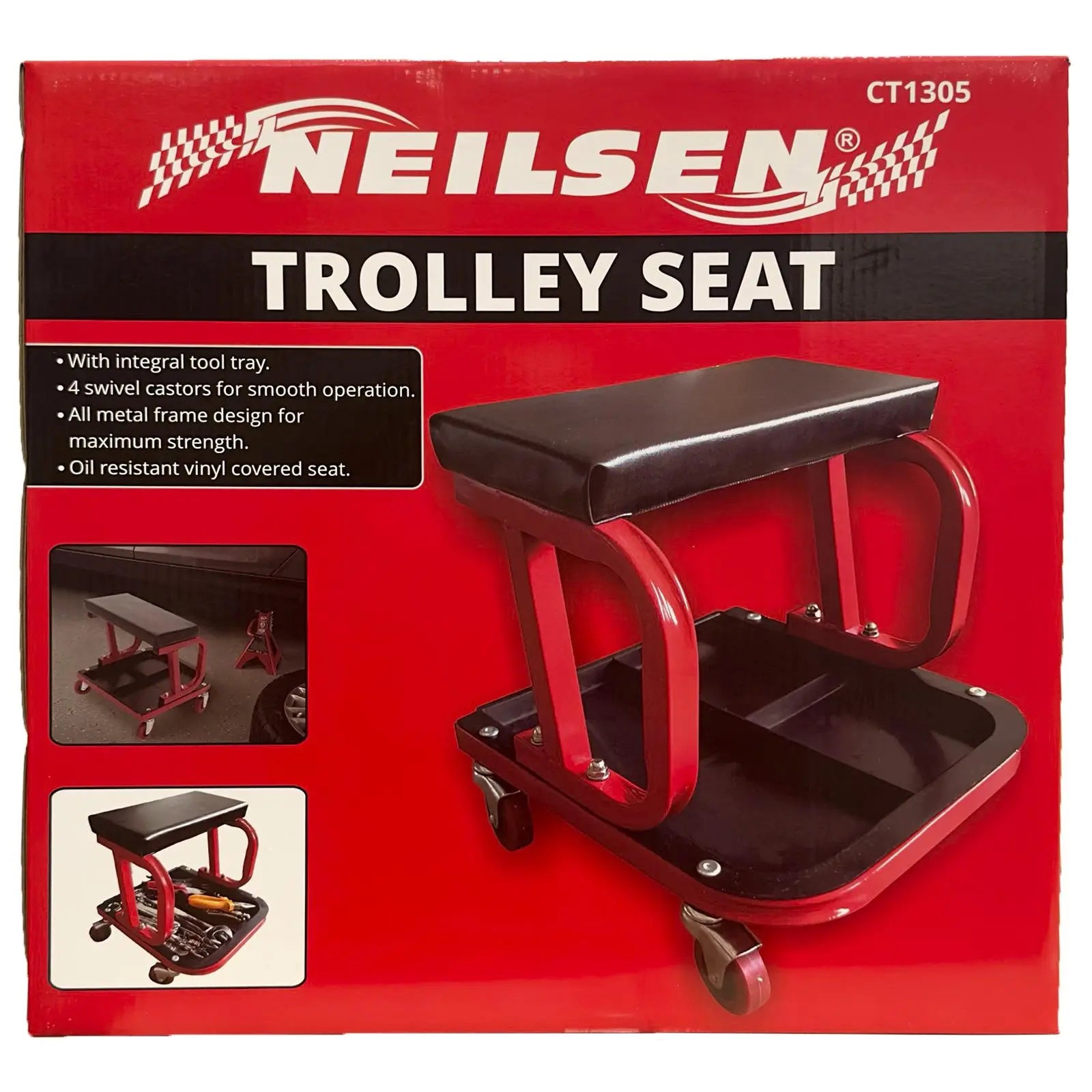 Neilsen Mechanics Padded Creeper Trolley Seat Garage Work Stool Swivel Wheels White Rose Tools