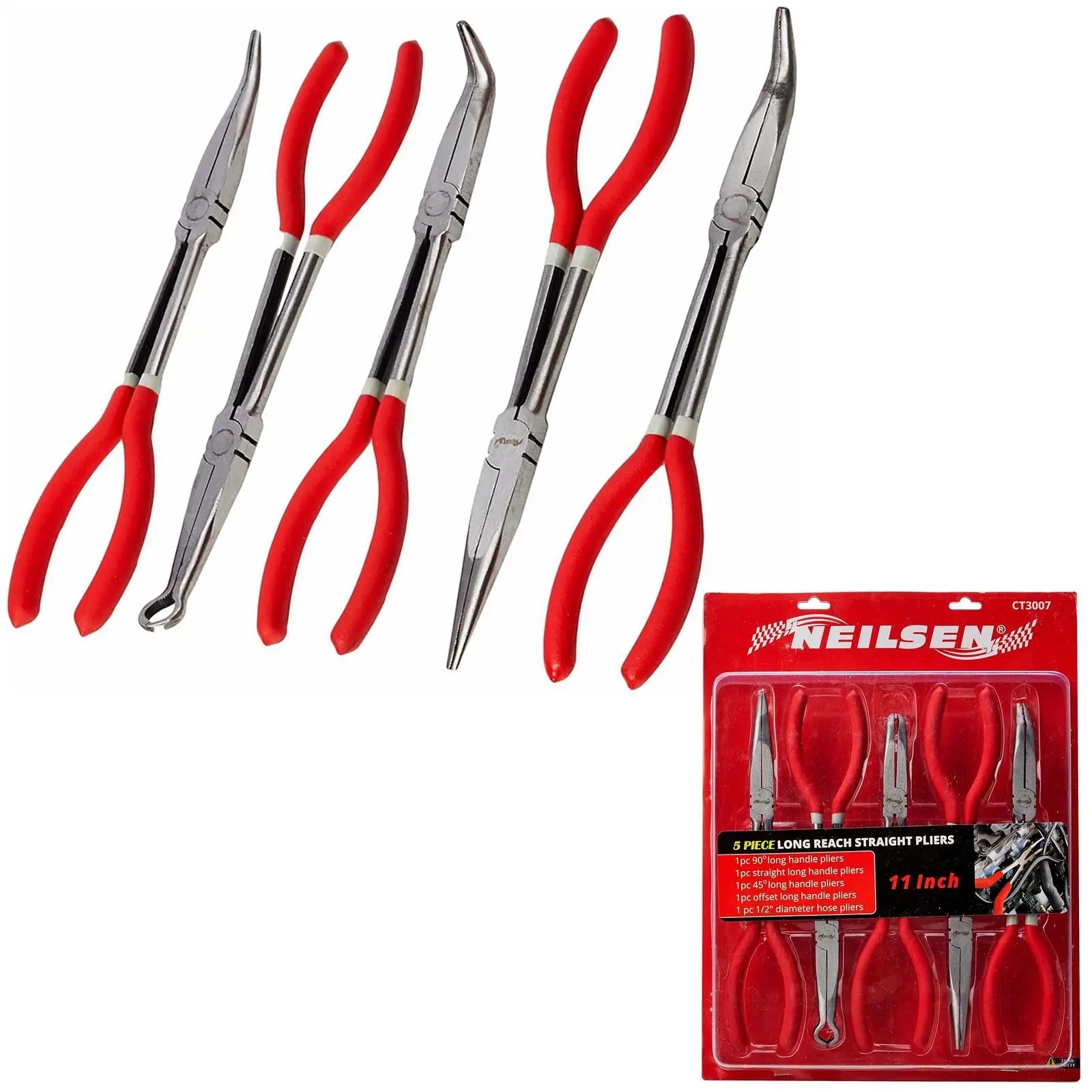 Neilsen Pliers Set Long Reach Straight Bent Nose Hose Garage Mechanic 5pc 11 White Rose Tools