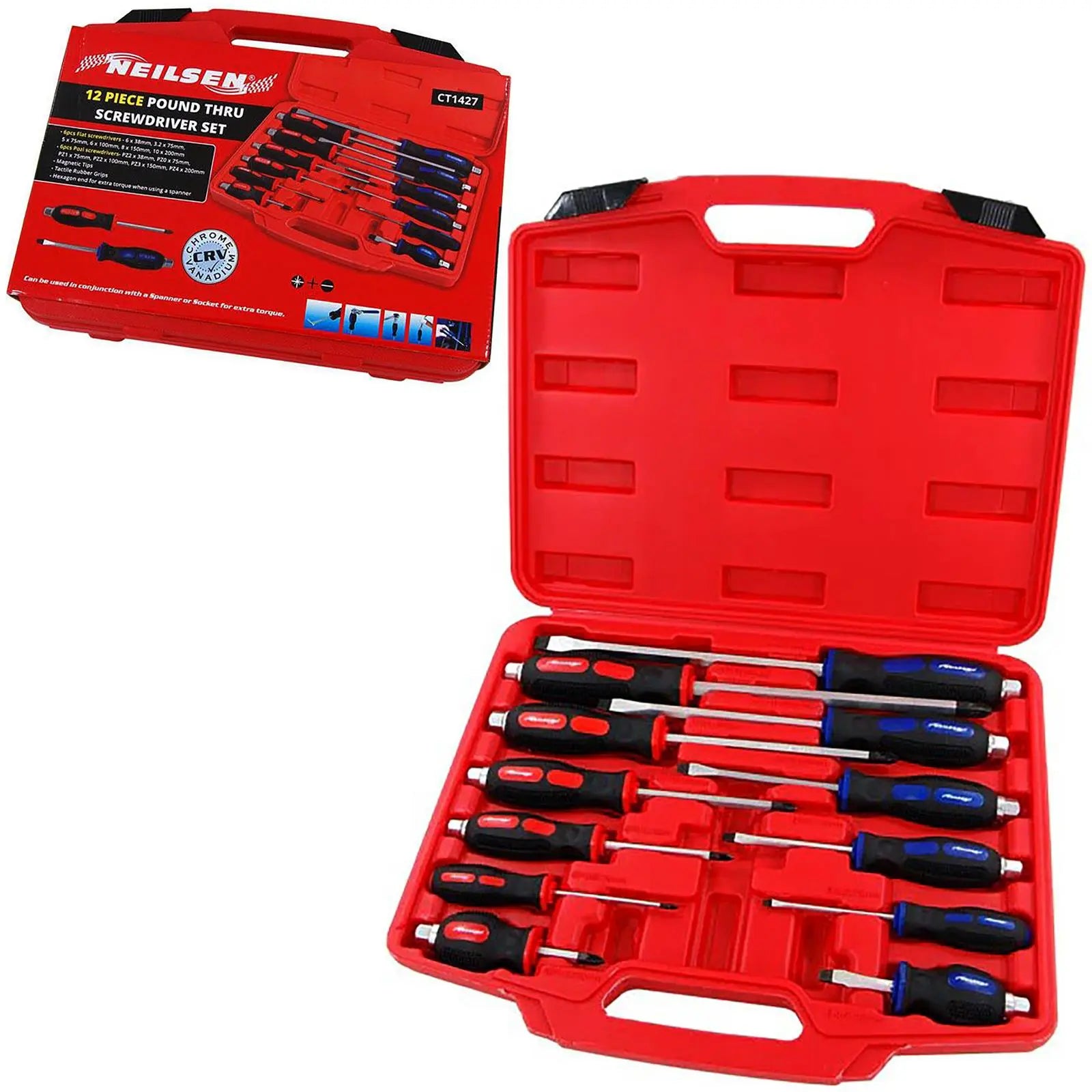 Neilsen Screwdriver Set Hammer Through Demolition Slotted Pozi Magnetic Tip 12pc White Rose Tools