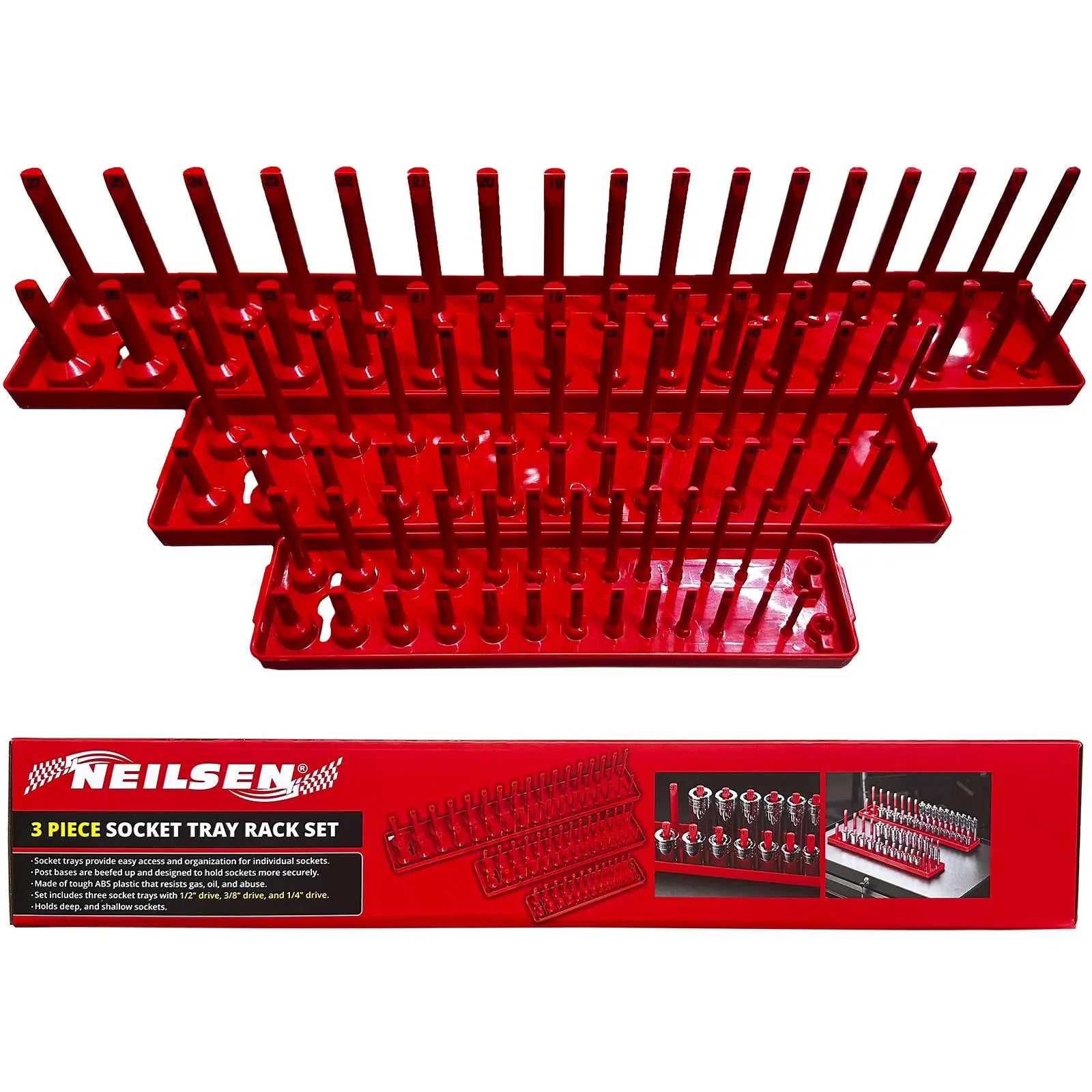 Neilsen Socket Rail Tray Rack Set 1/4" 3/8" 1/2" Deep Shallow Storage Organiser 3pc White Rose Tools