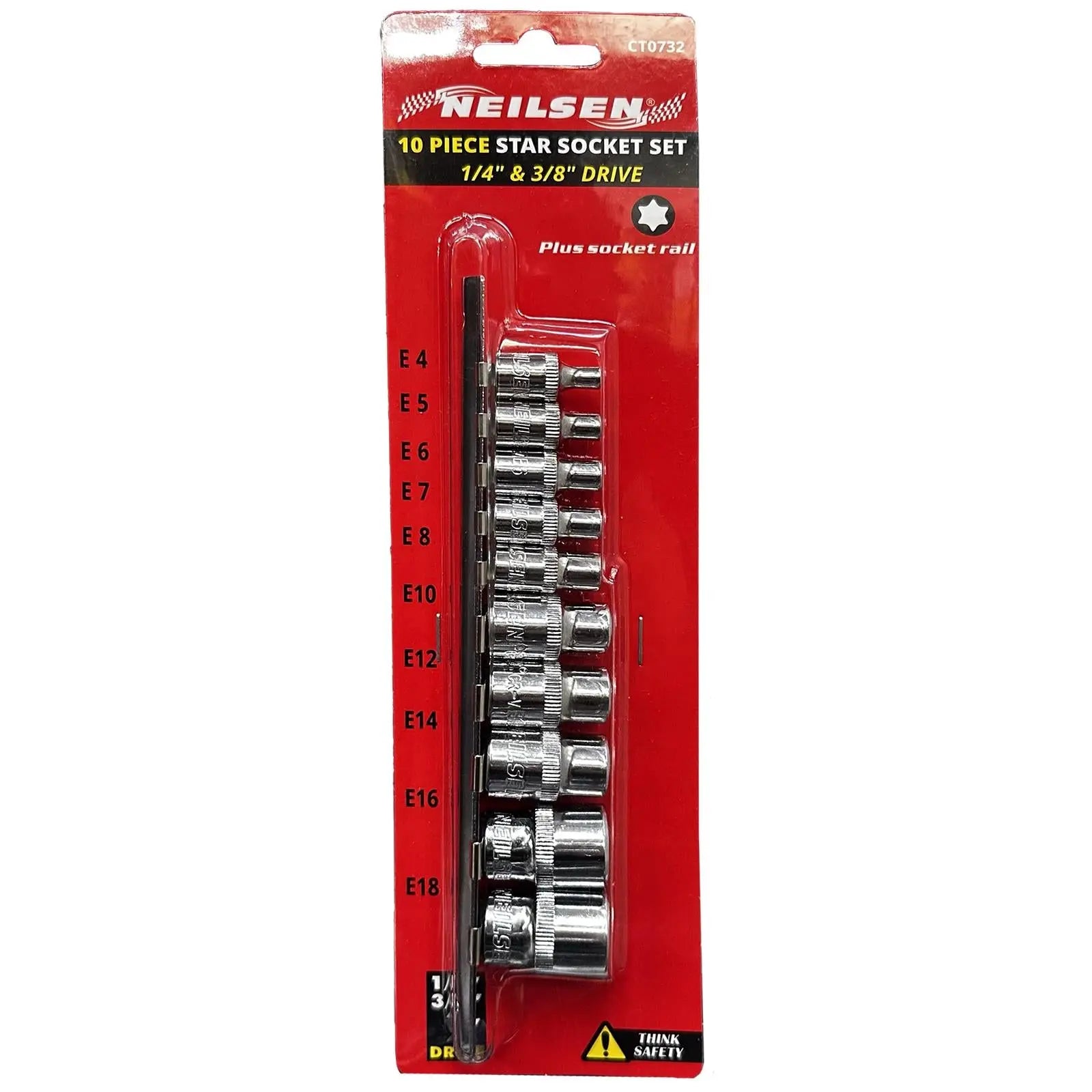 Neilsen Torx Star Socket Set Female External Socket Rail 1/4" 3/8" Drive E4-E16 10 Pieces White Rose Tools