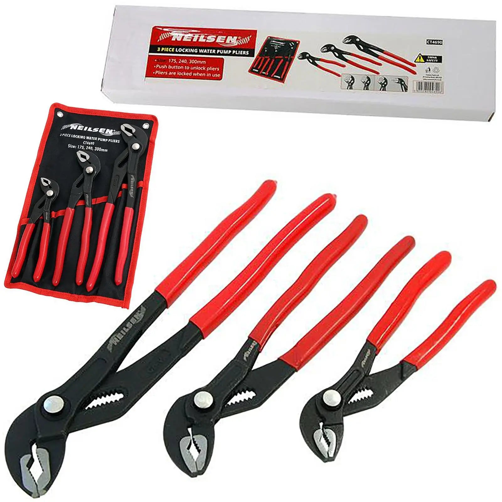 Neilsen Water Pump Pliers Set Locking Slip Joint Wrench Plumbers Soft Grips White Rose Tools
