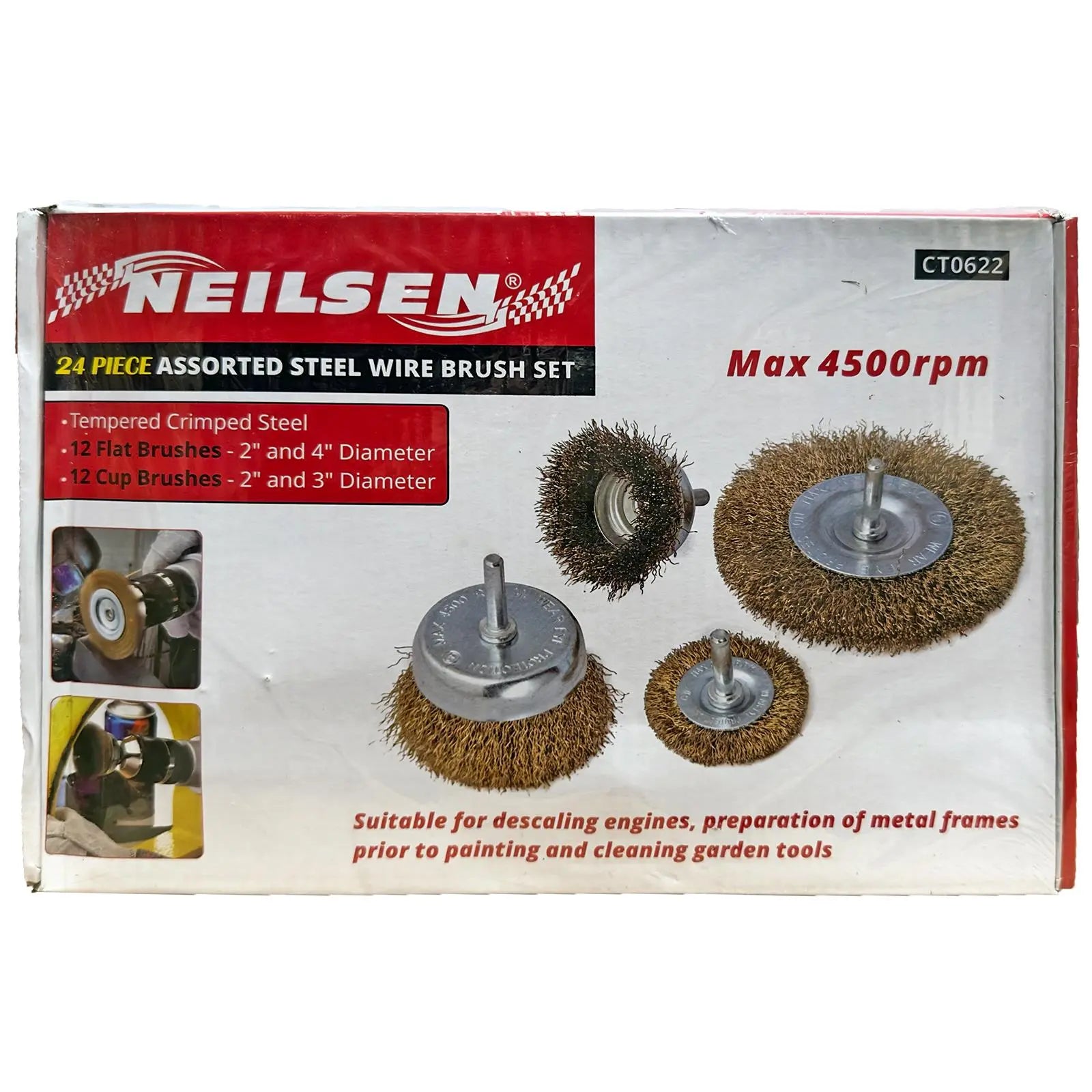 Neilsen Wire Brush Set Crimped Steel Flat Cup Drill Rust Paint Descaler 24pc White Rose Tools