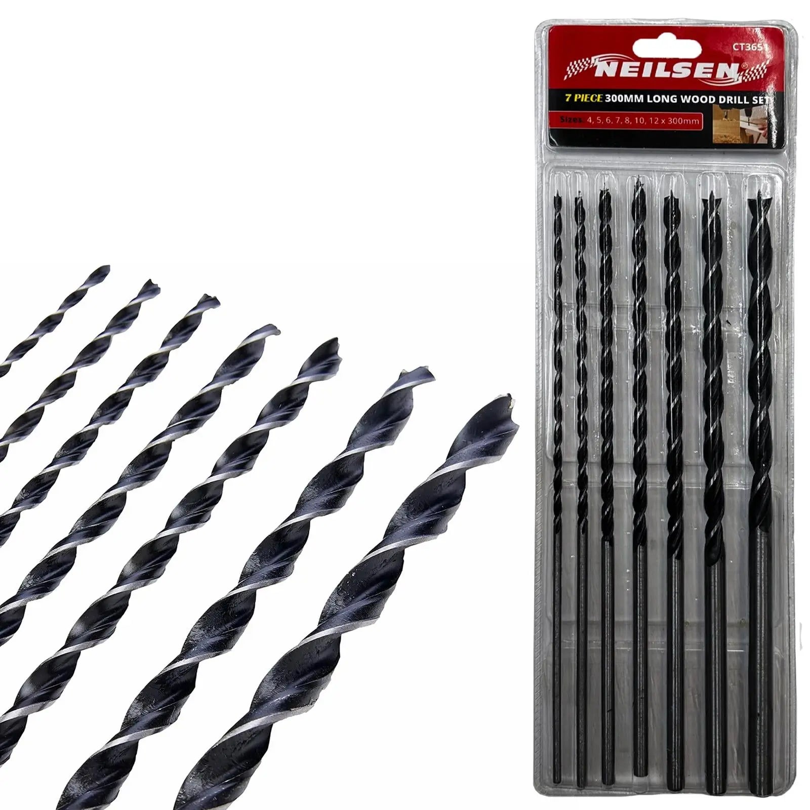 Neilsen Wood Auger Drill Bit Set 300mm Extra Long Spiral Woodwork 4-12mm 7pc White Rose Tools