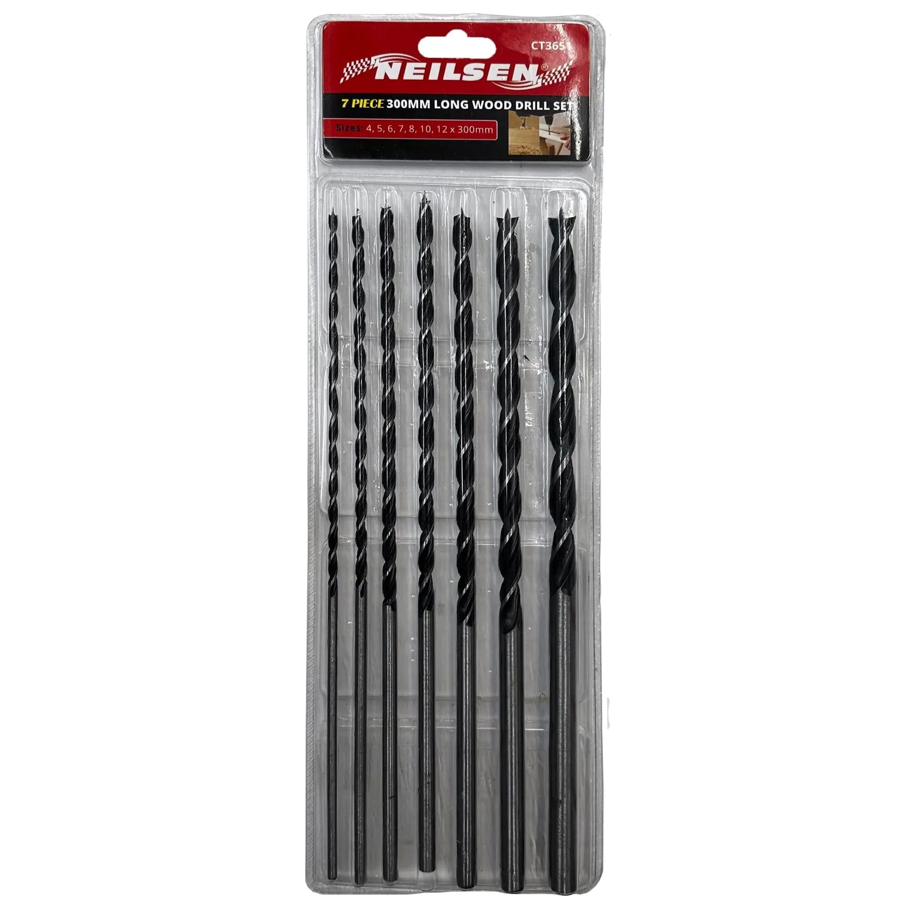 Neilsen Wood Auger Drill Bit Set 300mm Extra Long Spiral Woodwork 4-12mm 7pc White Rose Tools