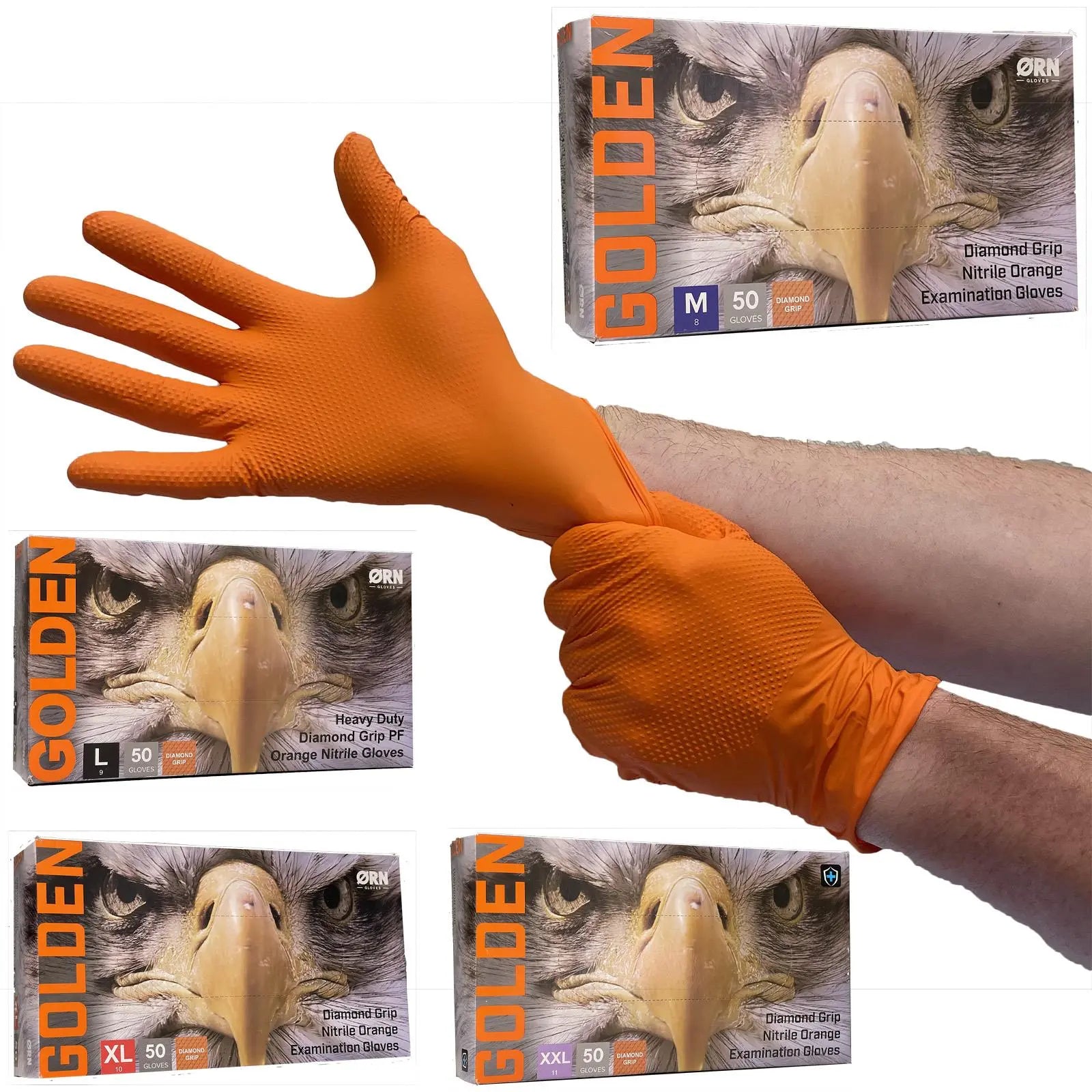 ORN Nitrile Disposable Gloves Golden Diamond Grip Orange Powder Latex Free 50 Box - Choose Size White Rose Tools