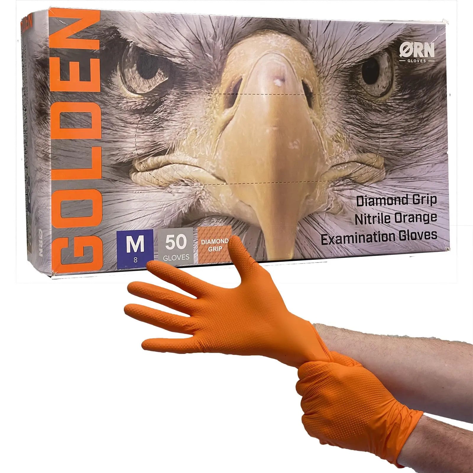 ORN Nitrile Disposable Gloves Golden Diamond Grip Orange Powder Latex Free 50 Box - Choose Size White Rose Tools
