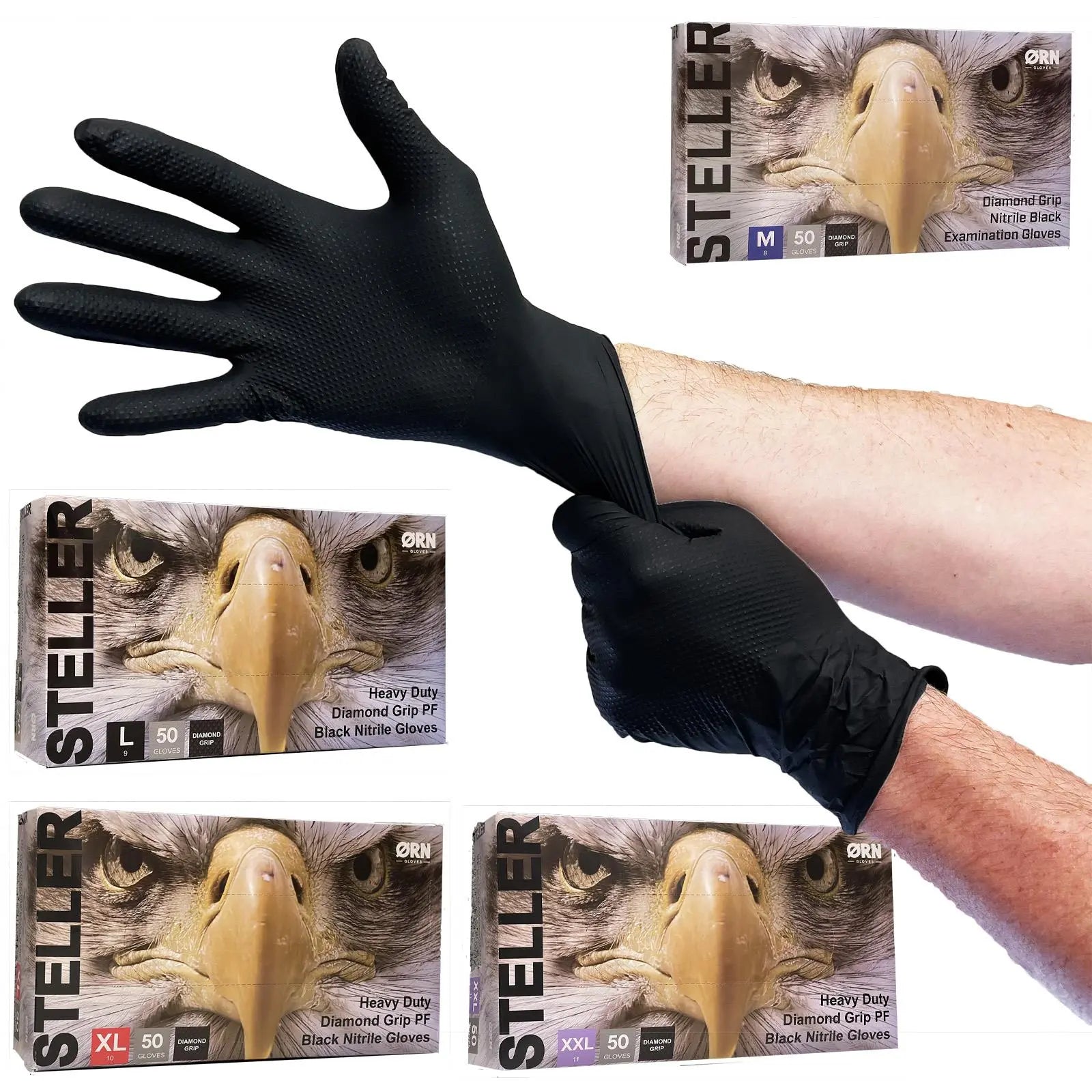 ORN Nitrile Disposable Gloves Steller Diamond Grip Black Powder Latex Free 50 Box -Choose Size White Rose Tools