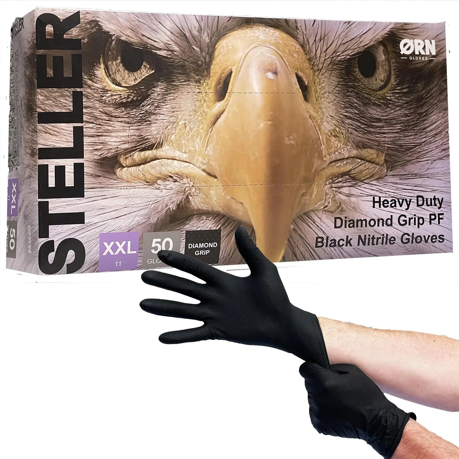 ORN Nitrile Disposable Gloves Steller Diamond Grip Black Powder Latex Free 50 Box -Choose Size  White Rose Tools