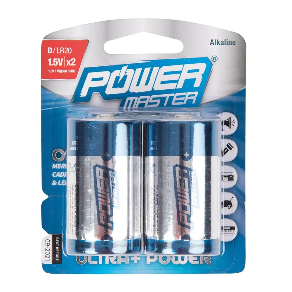 Powermaster D-Type Super Alkaline Battery LR20 2pk 485322  White Rose Tools