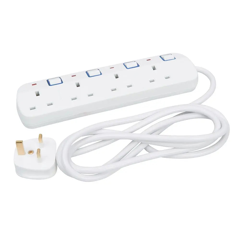 Powermaster Switched Extension Lead with Neon Indicator 230V 4-Gang 2m 341158 White Rose Tools