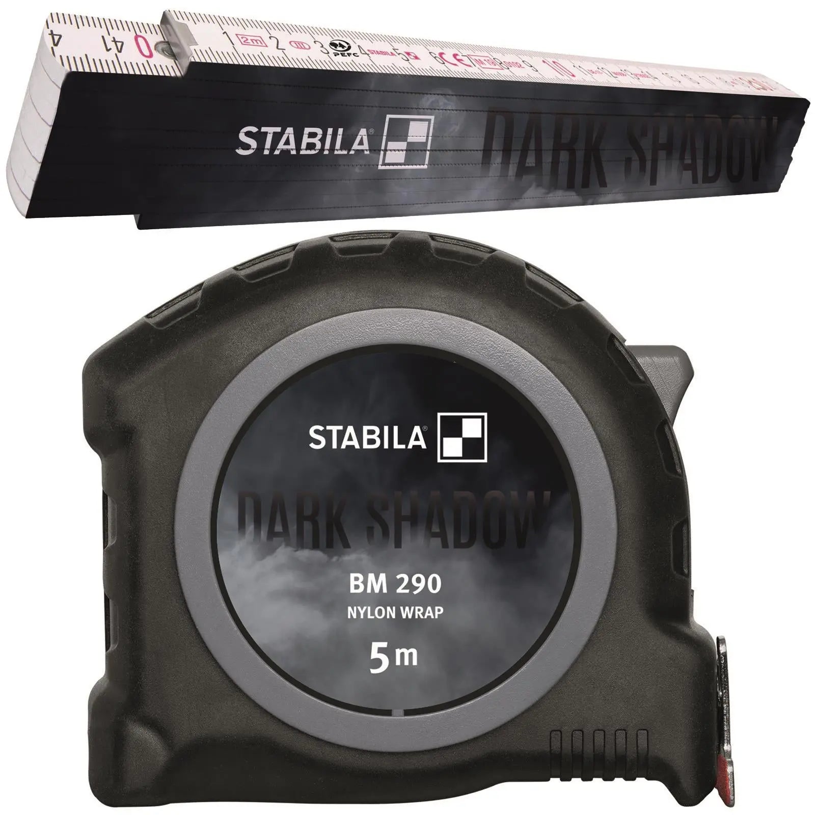 STABILA Dark Shadow Pocket Tape Measure 5m BM290 and Wooden Folding Rule Limited Edition White Rose Tools