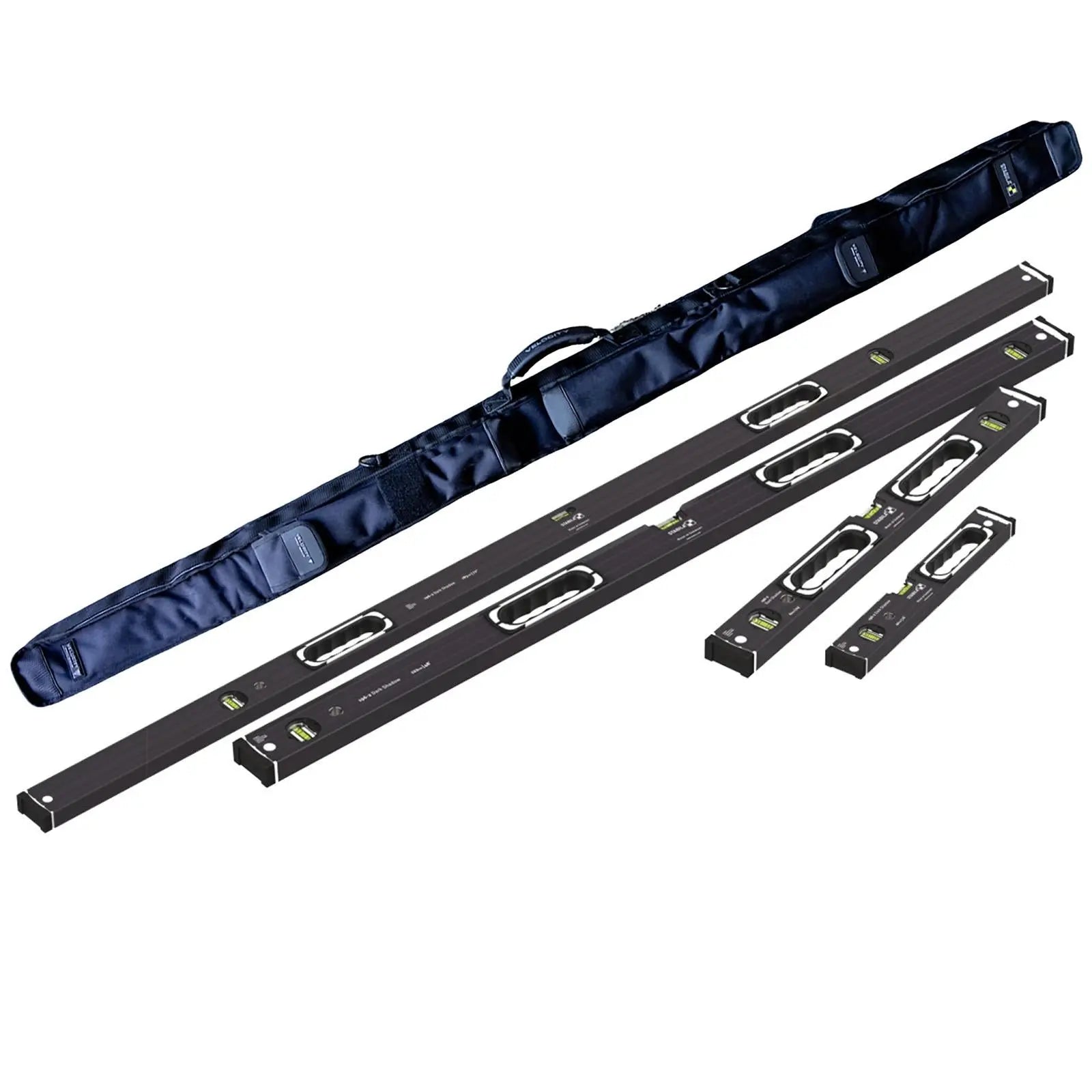 STABILA Dark Shadow Type 196-2 Spirit Level Set 4 Pack 40cm 61cm 122cm 183cm Velocity 200cm Level Bag White Rose Tools