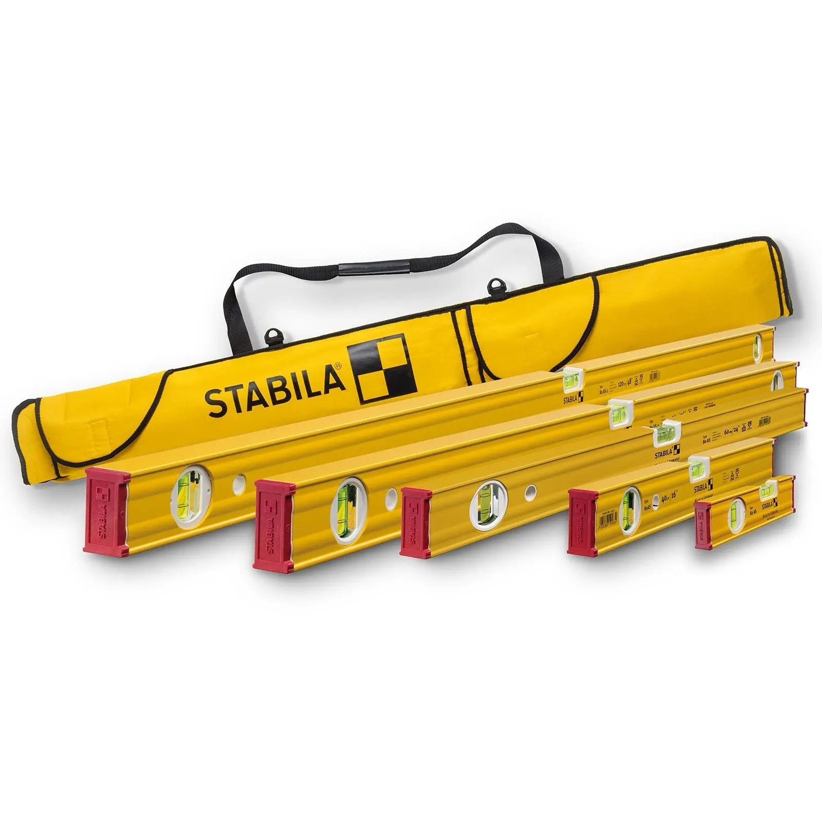 STABILA Type 80 AS Spirit Level Set 5 Piece with Level Bag (20cm, 40cm, 60mm, 90cm, 120cm) White Rose Tools