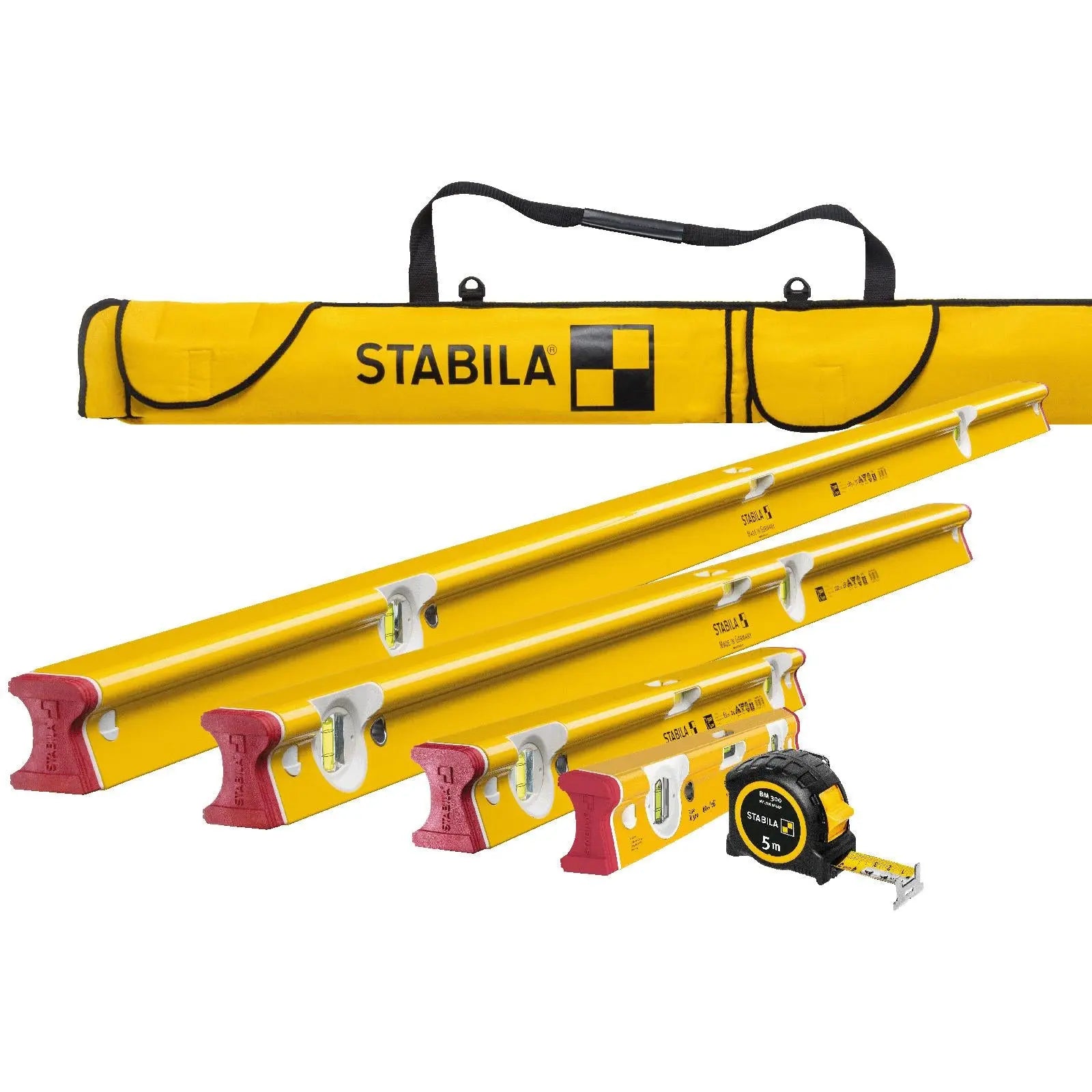 STABILA Type R 300 Spirit Level Set 6 Piece 40cm 61cm 122cm 183cm 5m Tape Measure and Case White Rose Tools