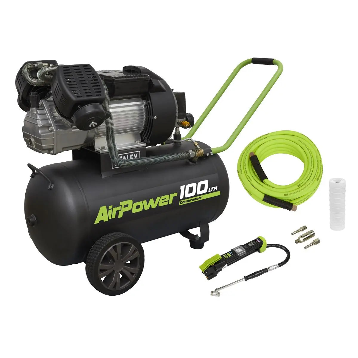 Sealey 100L Direct Drive V-Twin Air Compressor 3hp with Air Accessory Kit White Rose Tools