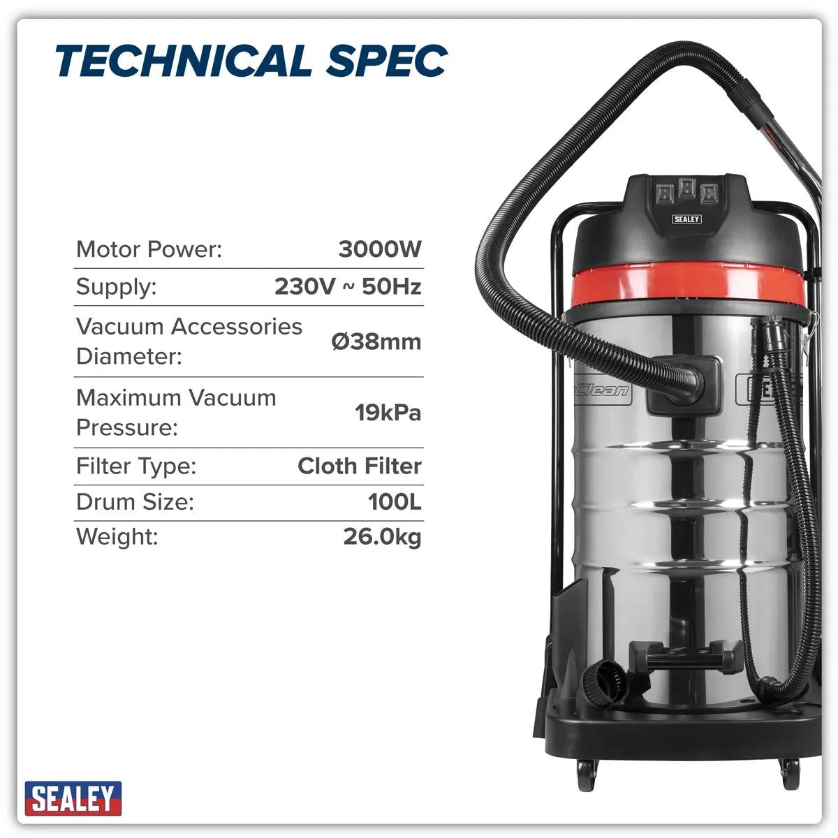 Sealey 100L Vacuum Cleaner Wet & Dry with Stainless Steel Drum 3000W/230V White Rose Tools