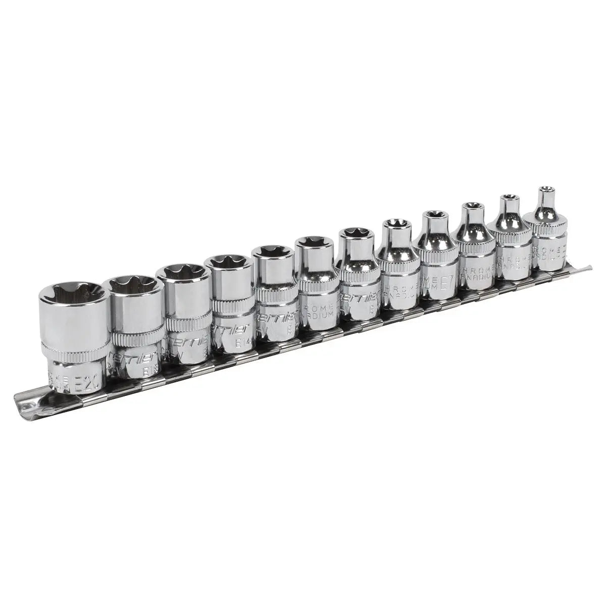 Sealey 12 Piece 3/8" Drive E4-E20 Trx-Star Socket Set on Socket Rail Torx
