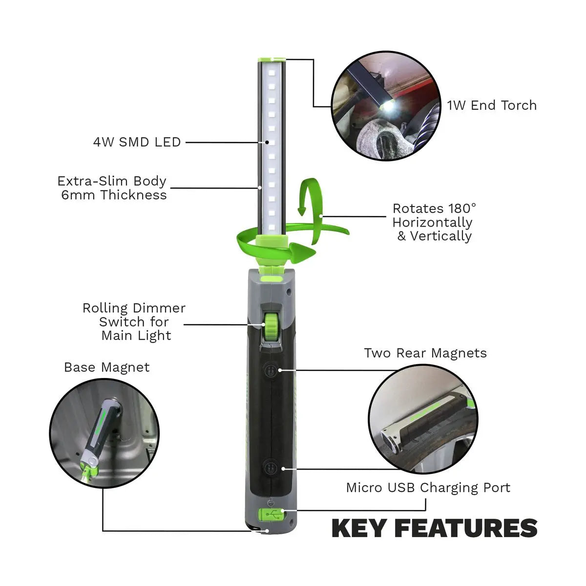 Sealey 12 SMD LED + 1W LED Rechargeable Slim Inspection Lamp Magnetic Base 400 Lumens White Rose Tools