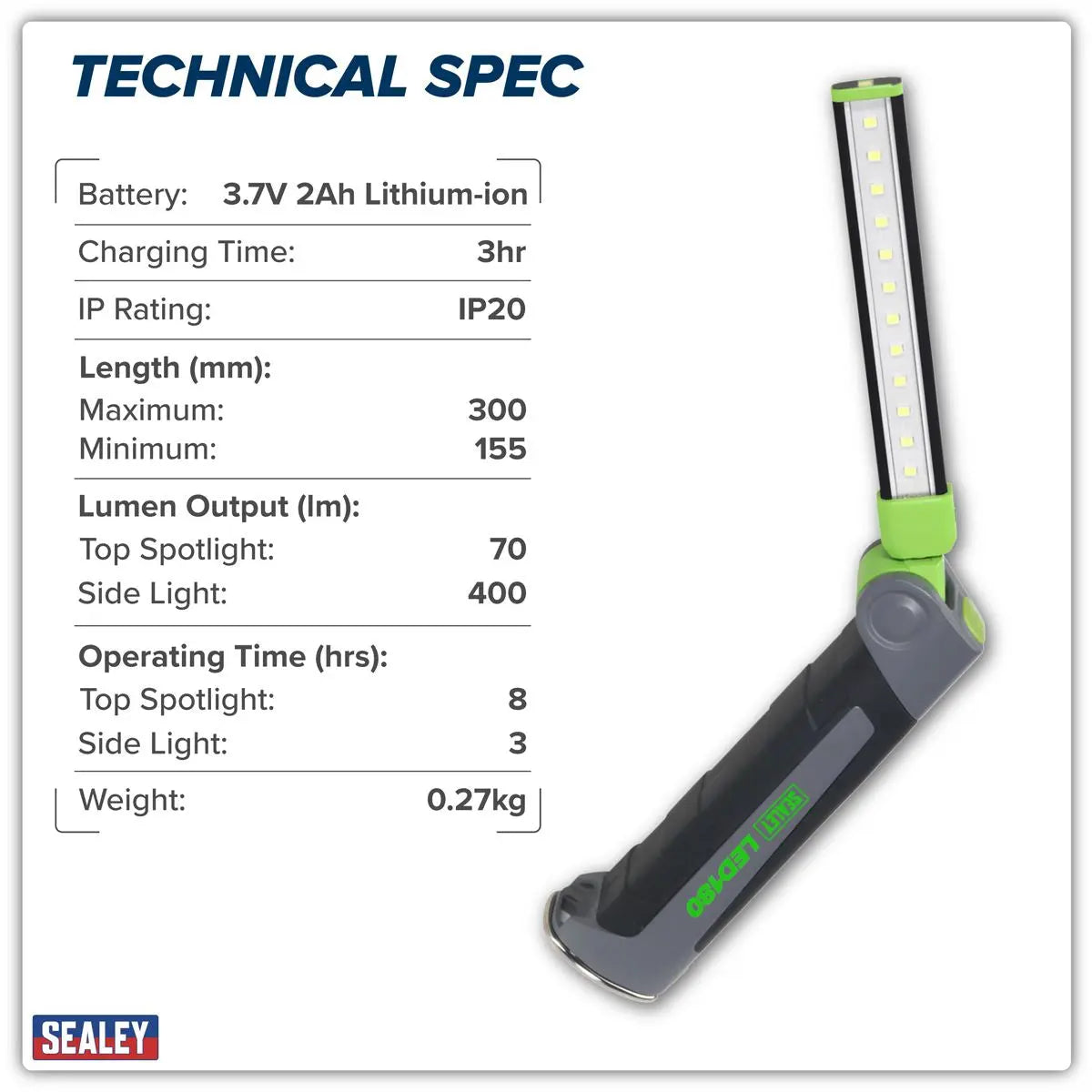 Sealey 12 SMD LED + 1W LED Rechargeable Slim Inspection Lamp Magnetic Base 400 Lumens White Rose Tools