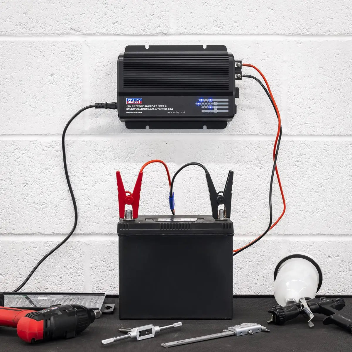 Sealey 12V Battery Support Unit & Smart Charger/Maintainer 40A White Rose Tools
