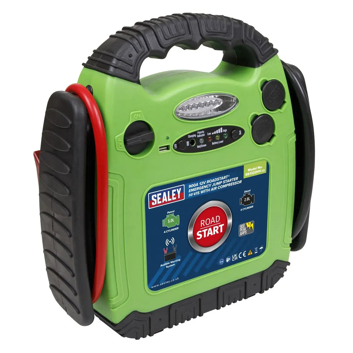 Sealey 12V RoadStart Emergency Power Pack 900 Peak Amps with Air Compressor Hi-Vis