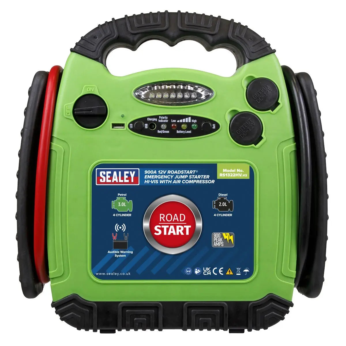 Sealey 12V RoadStart Emergency Power Pack 900 Peak Amps with Air Compressor Hi-Vis