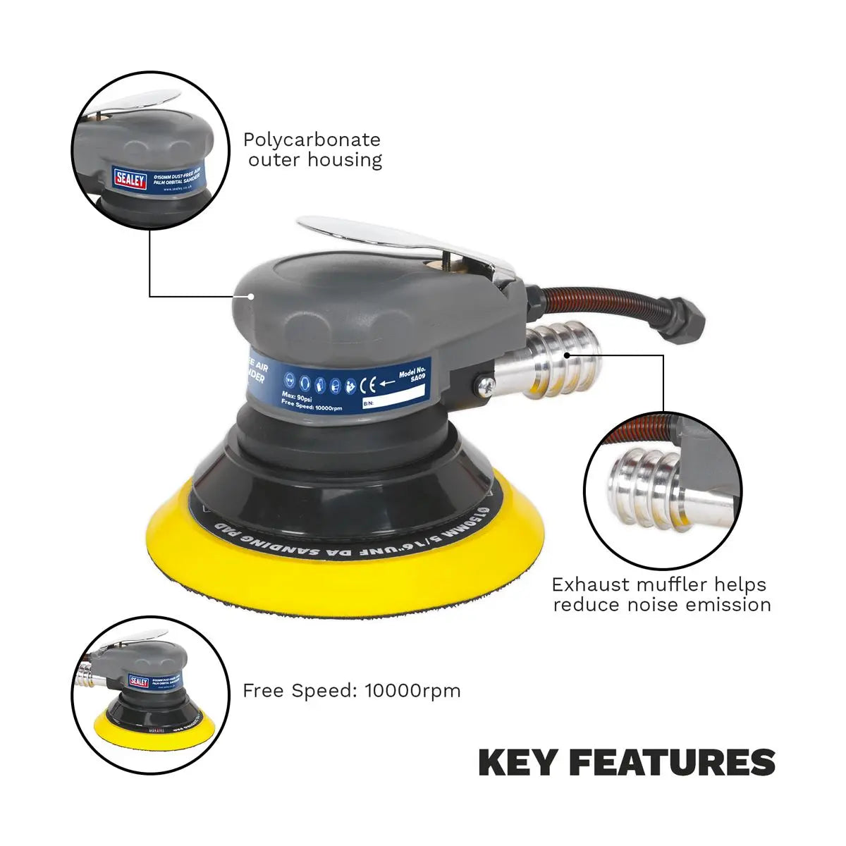 Sealey 150mm Dust Free Air Palm Orbital Sander 1/4" BSP