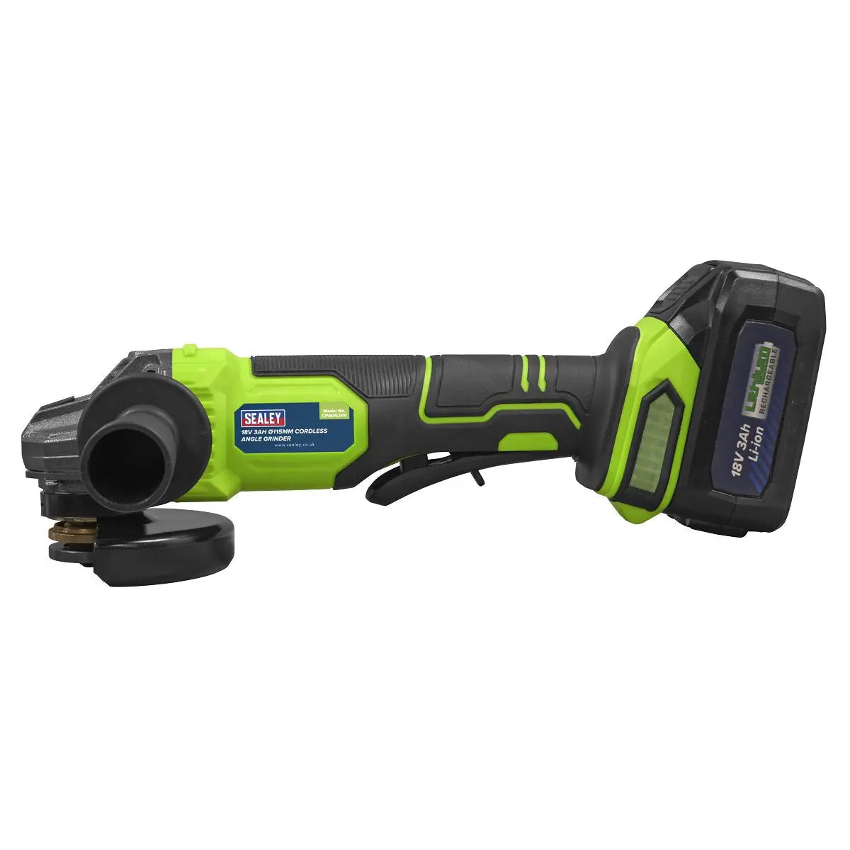 Sealey 18V 3Ah 115mm Cordless Angle Grinder - Green White Rose Tools