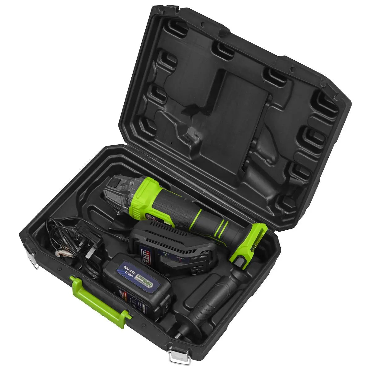 Sealey 18V 3Ah 115mm Cordless Angle Grinder - Green White Rose Tools