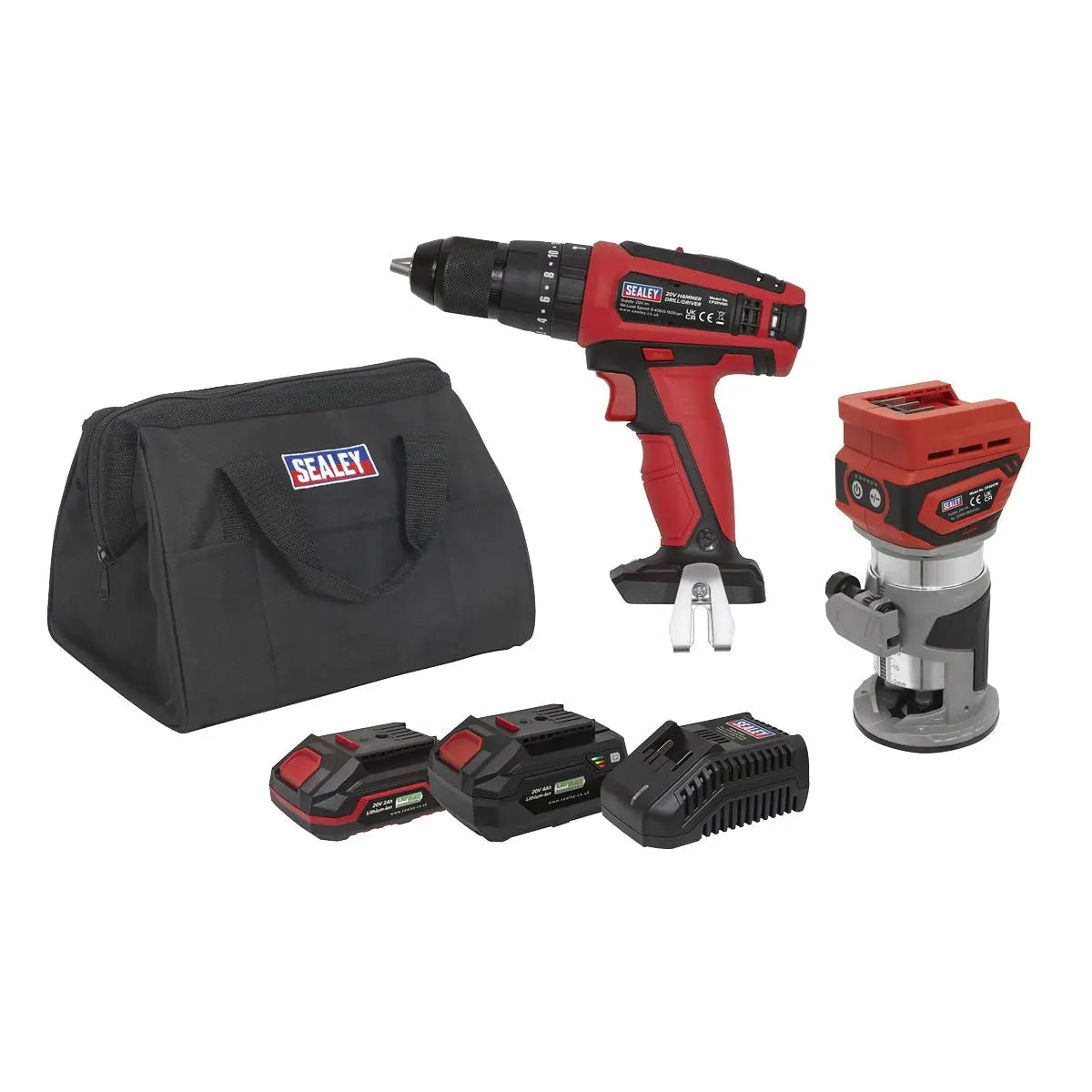 Sealey 2 x 20V SV20 Series Cordless Router & Combi Drill Kit - 2 Batteries White Rose Tools