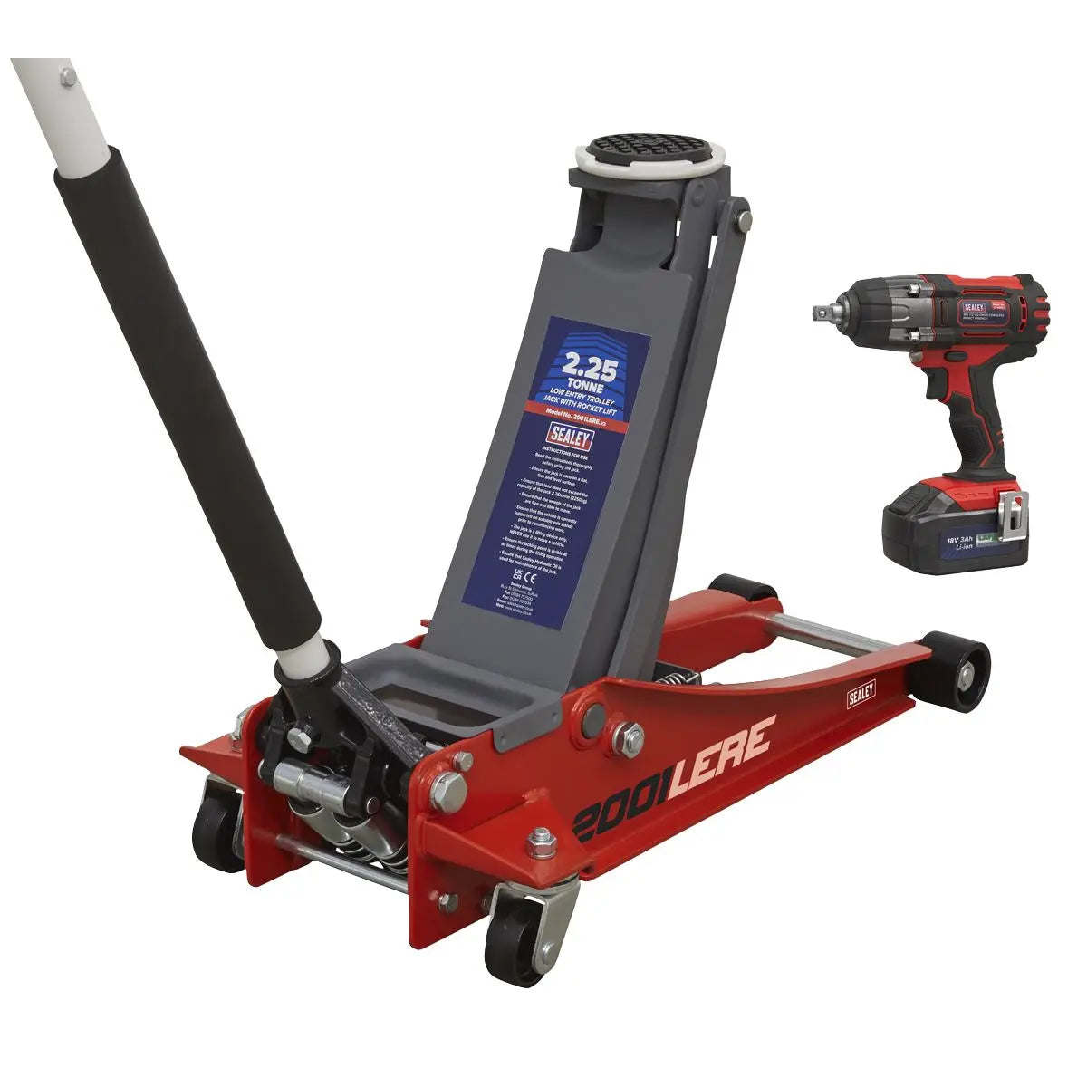 Sealey 2.2 Tonne Trolley Jack & 18V Cordless Impact Wrench - Red White Rose Tools