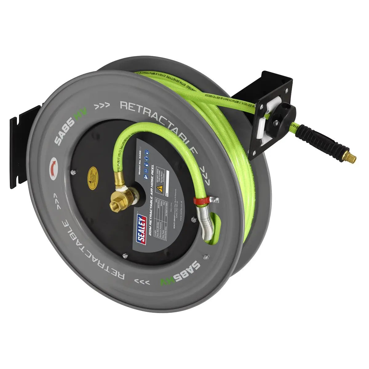 Sealey 20m Retractable High-Visibility PVC Air Hose with Steel Reel 10mm ID White Rose Tools