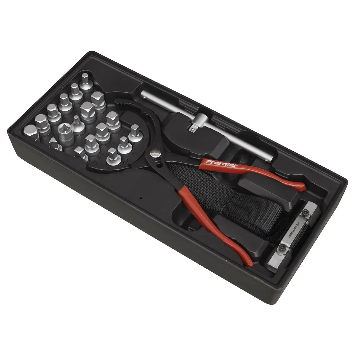 Sealey 21 Piece Oil Filter Wrench, Pliers & Drain Key Set with Tool Tray