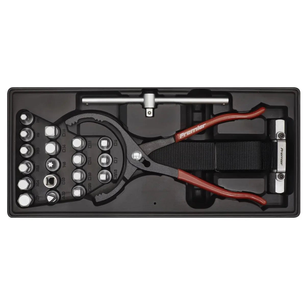 Sealey 21 Piece Oil Filter Wrench, Pliers & Drain Key Set with Tool Tray