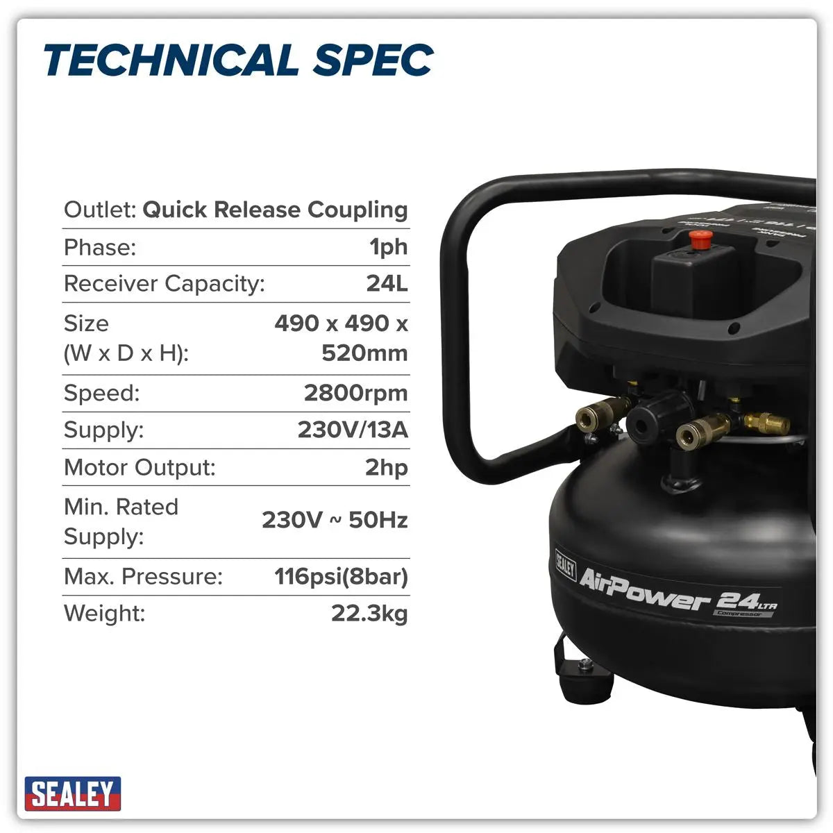 Sealey 24L Oil Free Belt Drive Vertical Compressor 2hp White Rose Tools